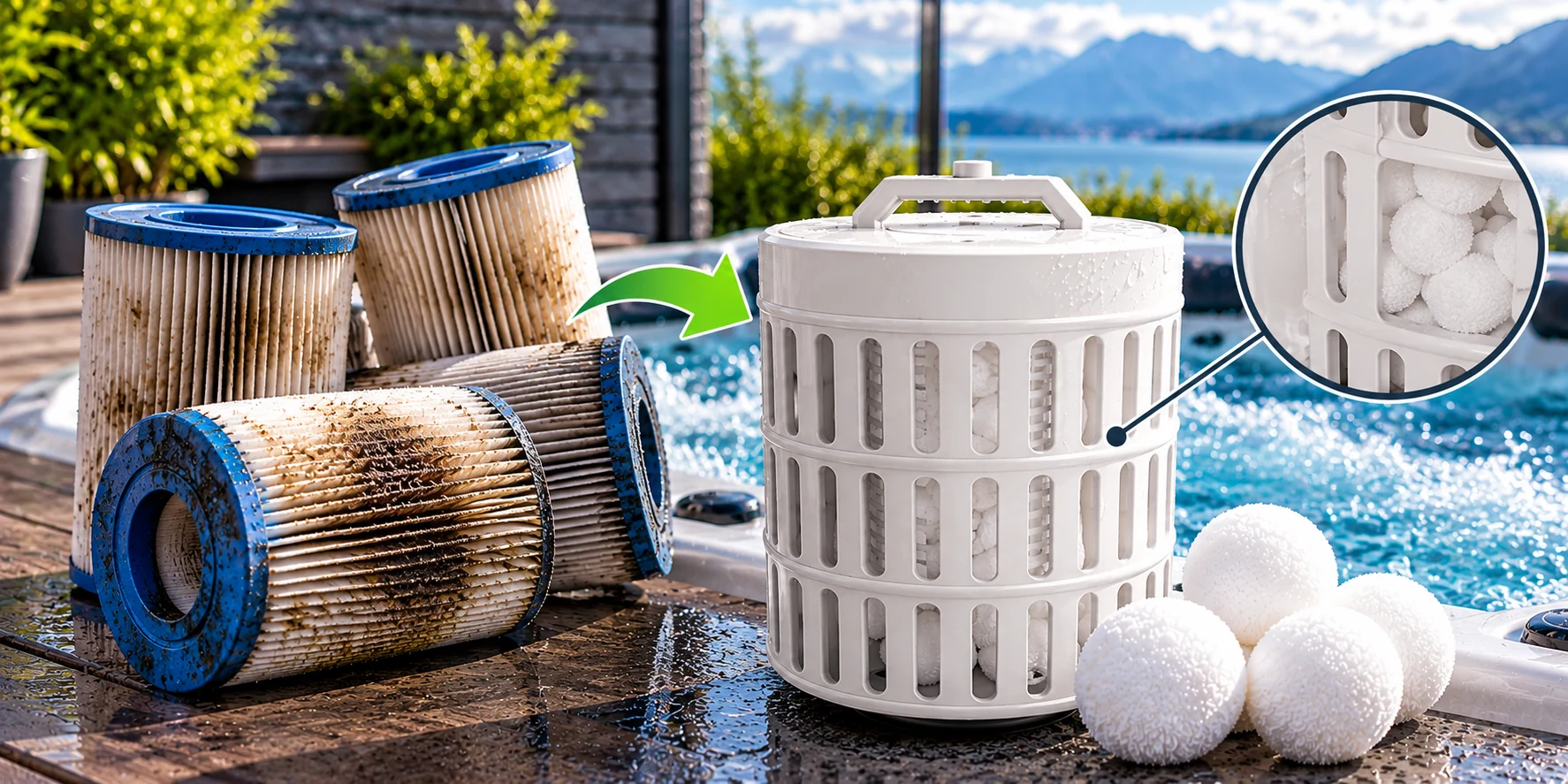 Wiederverwendbarer Whirlpoolfilter mit Filterbällen als Alternative zu klassischen Home-Deluxe-Filterkartuschen